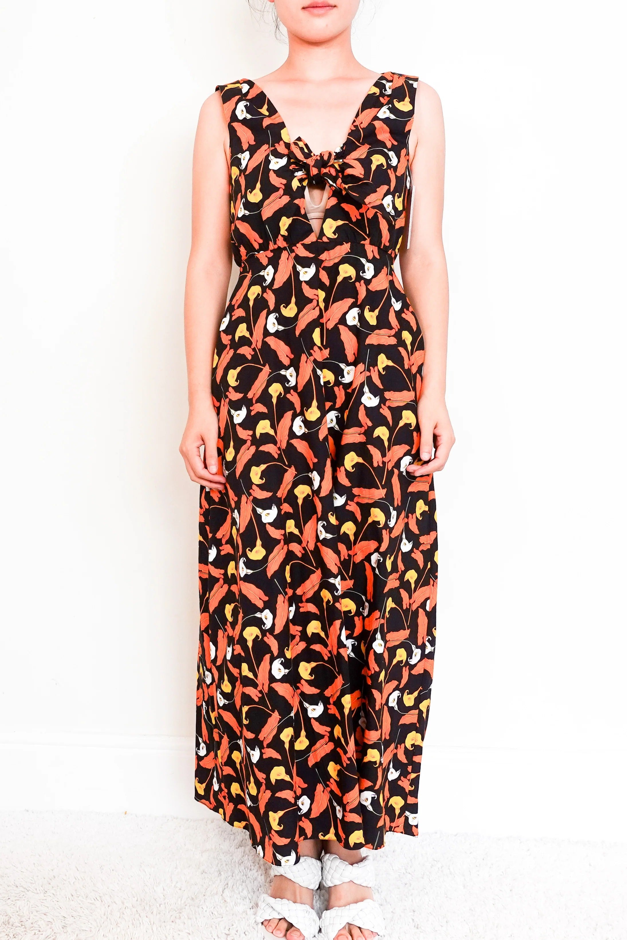 Women's Orange Floral Maxi dress with tie front