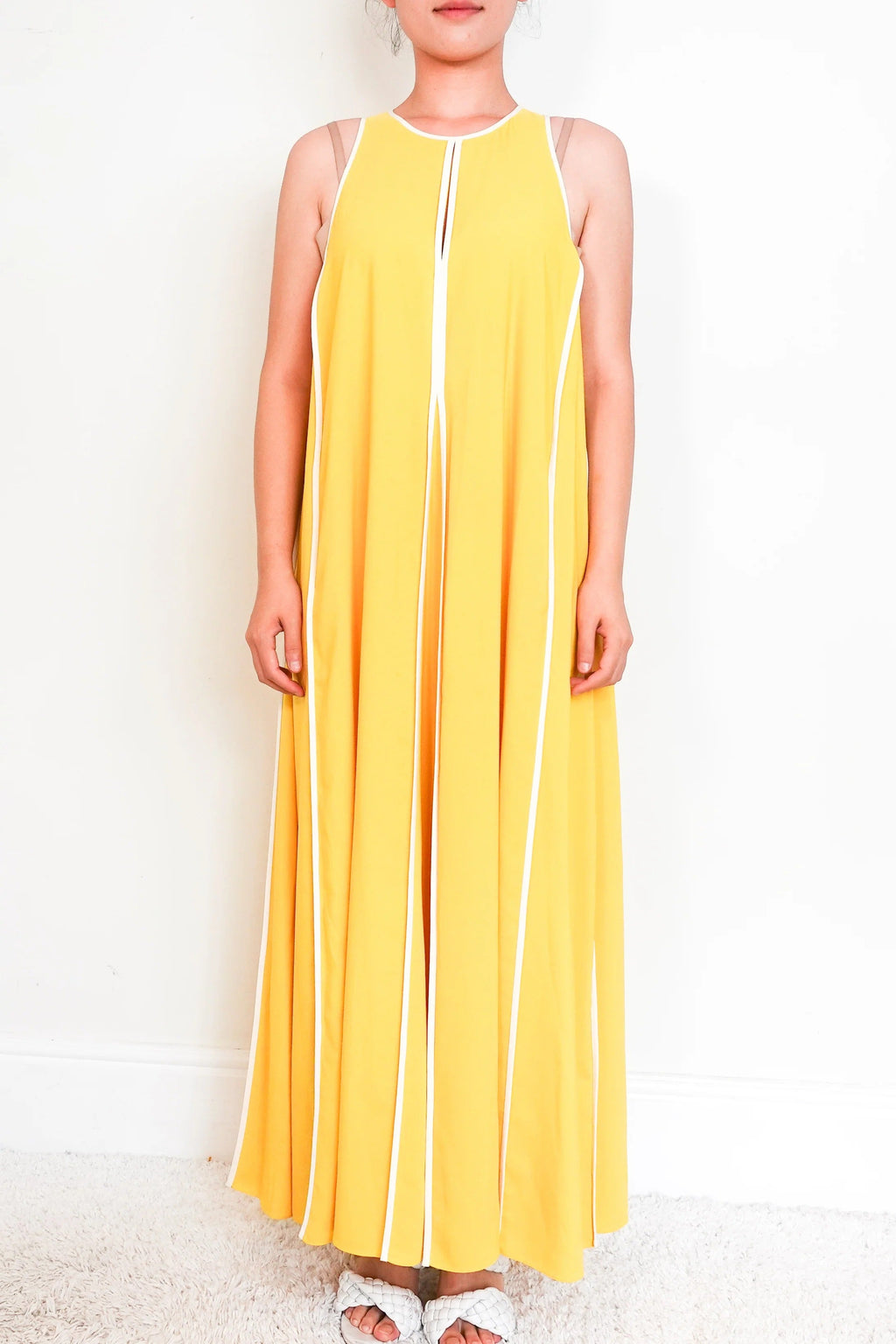 Women's Yellow Sleeveless maxi dress with white stripes