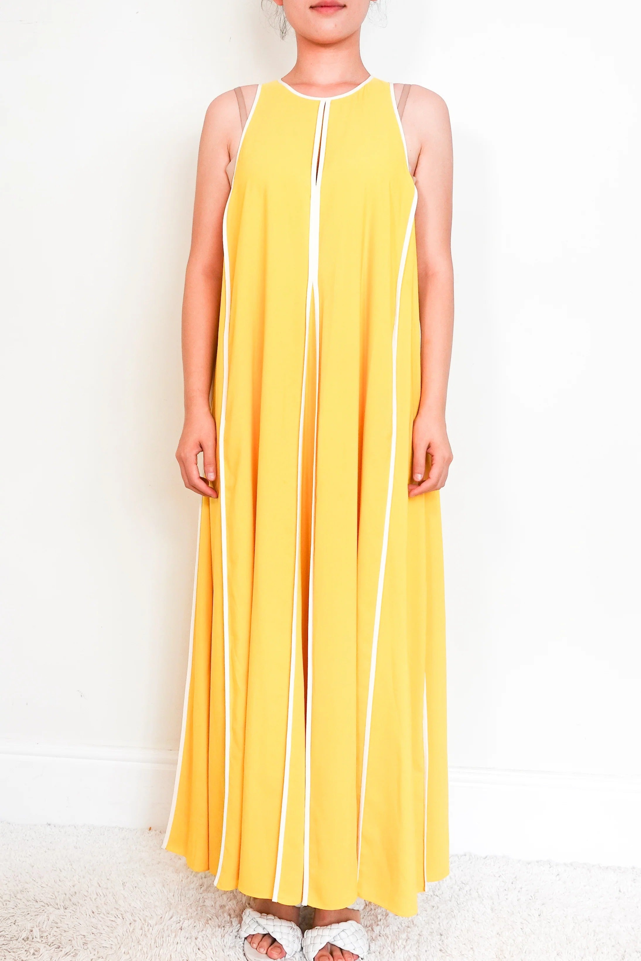 Women's Yellow Sleeveless maxi dress with white stripes
