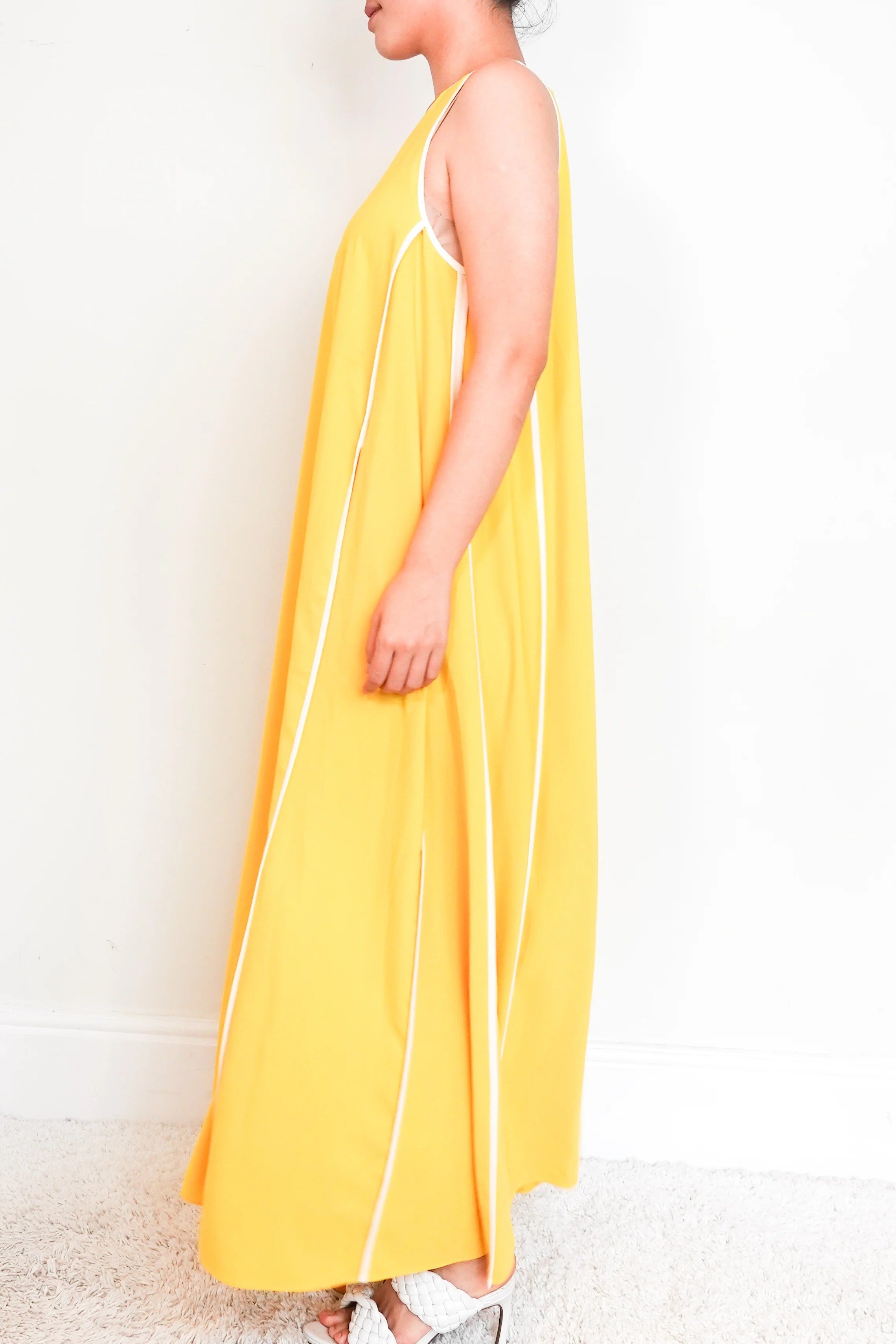 Women's Yellow Sleeveless maxi dress with white stripes