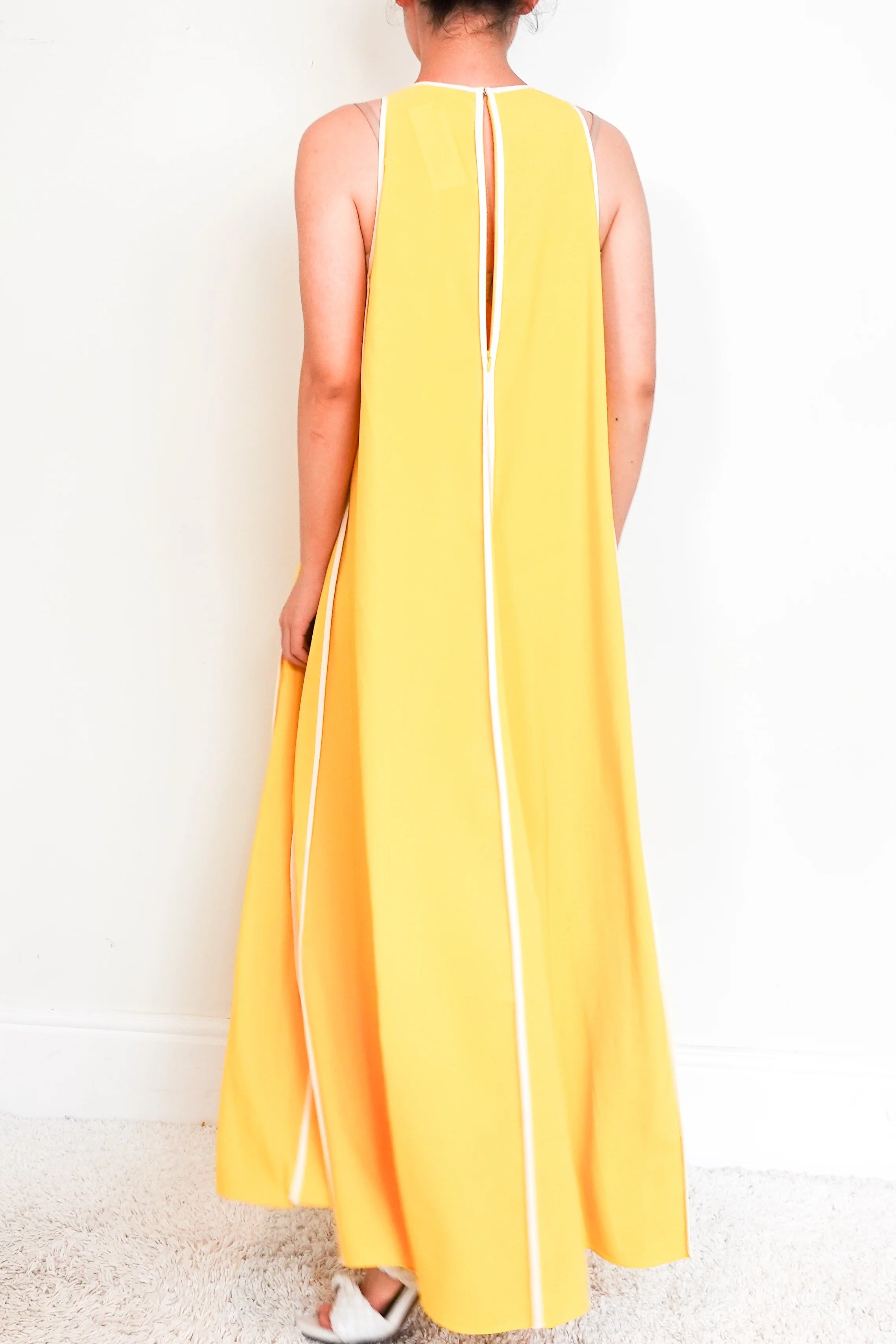 Women's Yellow Sleeveless maxi dress with white stripes